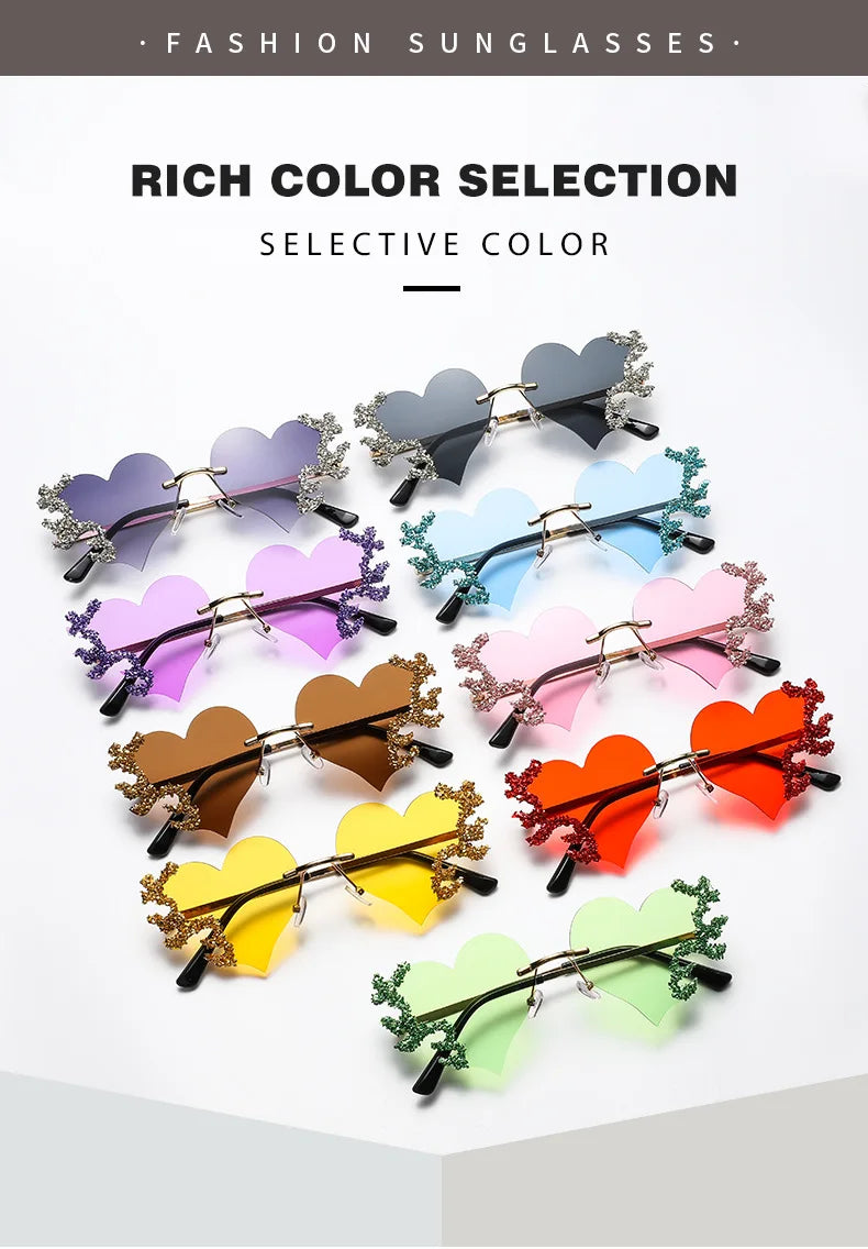 Randlose Sonnenbrille Damen Luxusmarke Strass Sonnenbrille Damen Niedliche Herzform Punk Party Brille очки від сонця женские
