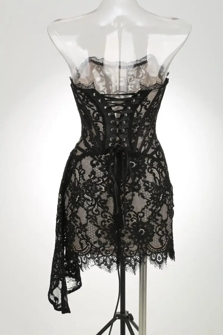 XIAOTANG Elegantes Trägerloses Spitzenkleid für Damen, sexy, modisch, schulterfrei, unregelmäßig gerafft, Bodycon, Nachtclub-Partykleid