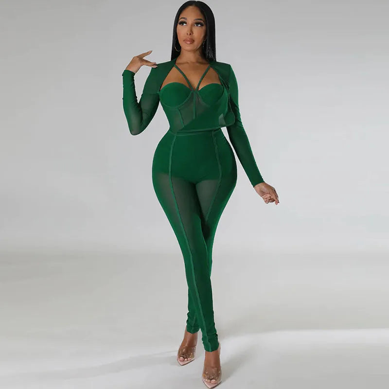Sexy Mesh Patchwork Transparenter Club-Bodycon-Jumpsuit für Damen, durchsichtiger Einteiler-Overall, Clubwear, Party-, Geburtstagsoutfits