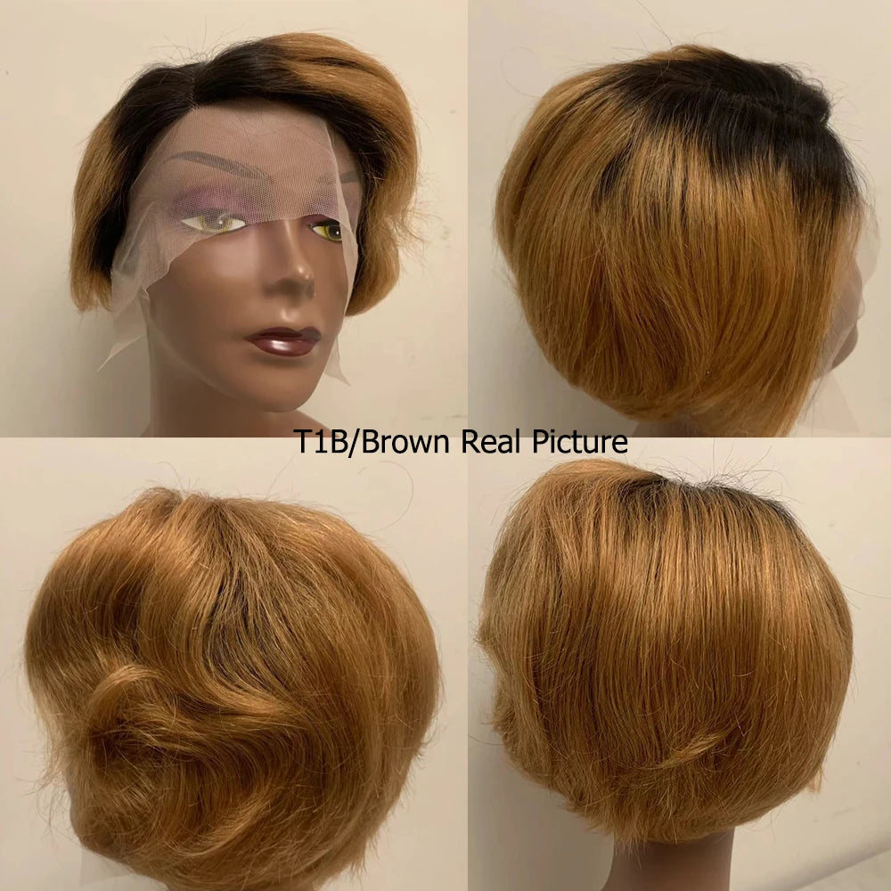 Kurze Bob Perücke Pixie Cut Perücke Glatte Echthaarperücken 13x4 Transparente Lace Front Perücke Für Frauen Highlight Glatte Pixie Cut Perücke