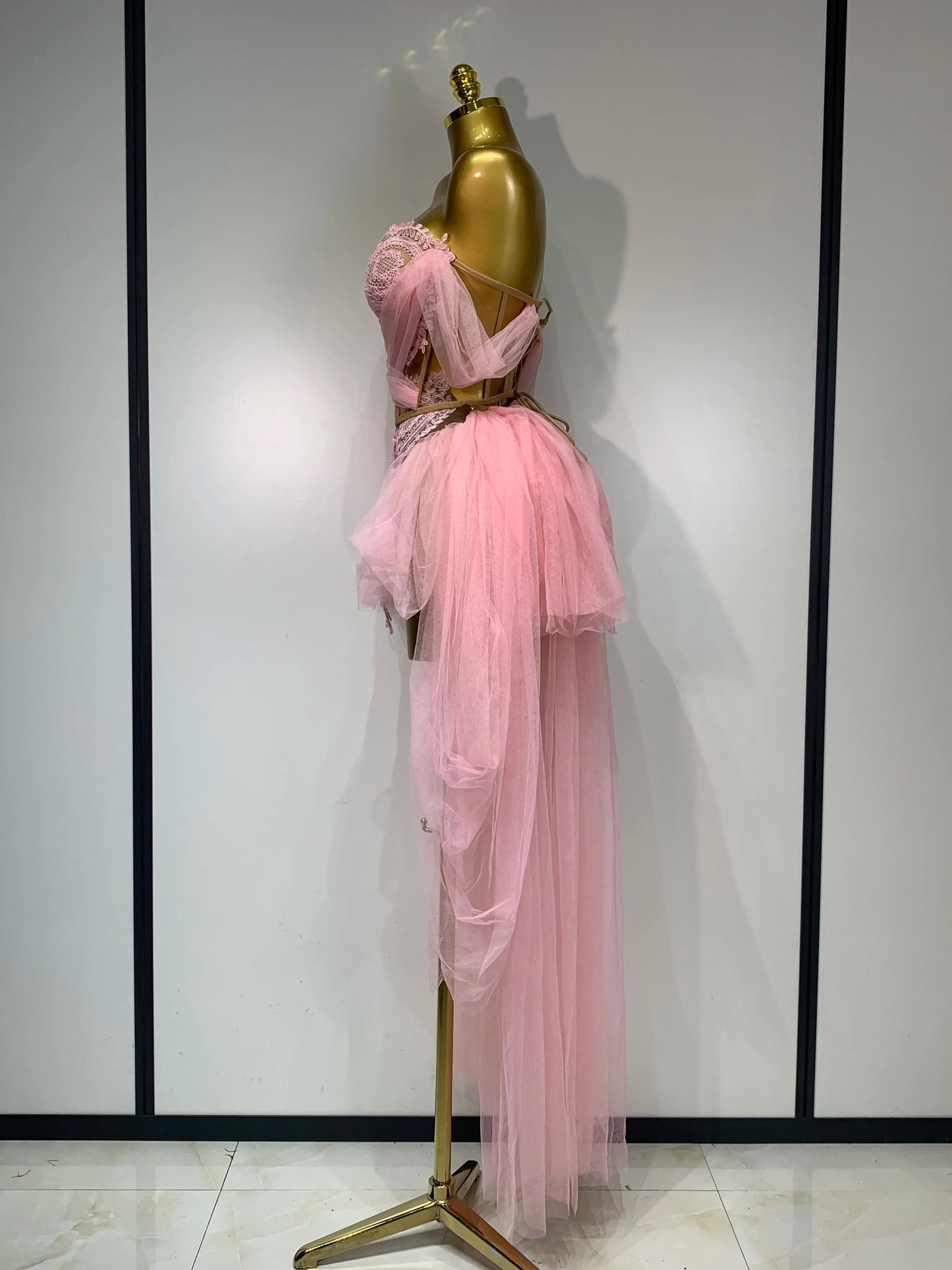 Women Sexy Strapless Pink Mesh Two Pieces Set Prom Gown Celebrate Birthday Nightclub Party Singer Stage Performance Costume