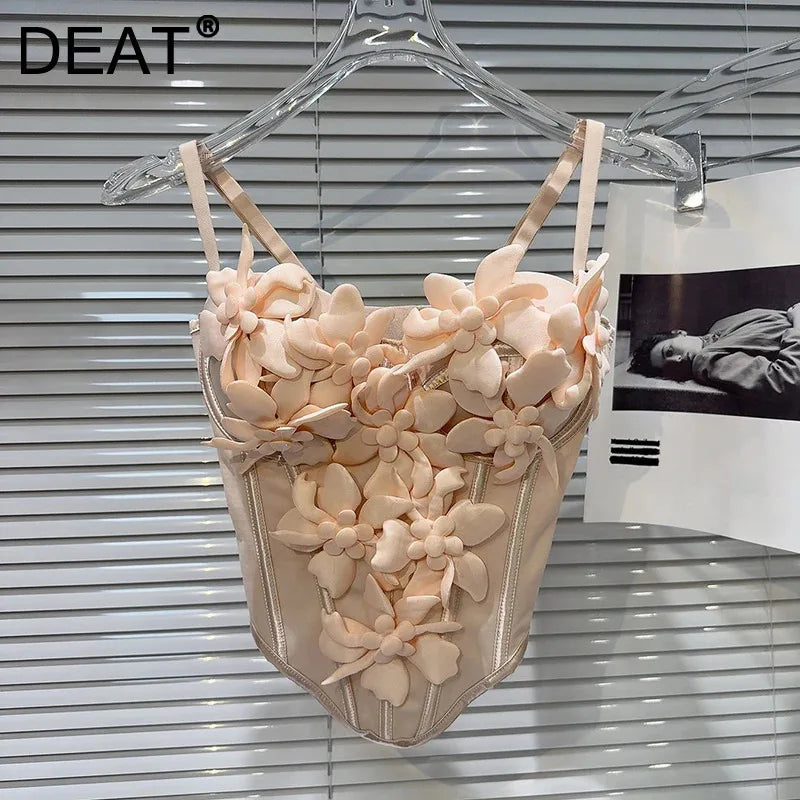 DEAT Fashion New Items Three-dimensional Flower Decoration Chest Pad Camisole For Women Fishbone Waist Sling Vest 11A04201