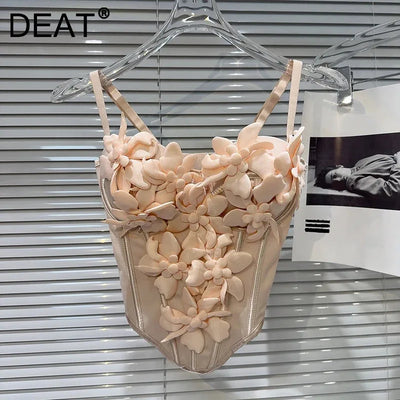 DEAT Fashion New Items Three-dimensional Flower Decoration Chest Pad Camisole For Women Fishbone Waist Sling Vest 11A04201