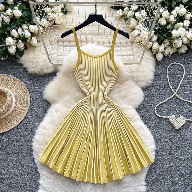 Joskaa 2026 Autumn Retro Striped Knit Dress Women Elegant Pleated Waist Slim Low Cut Sleeveless A-line Slip Dress Streetwear