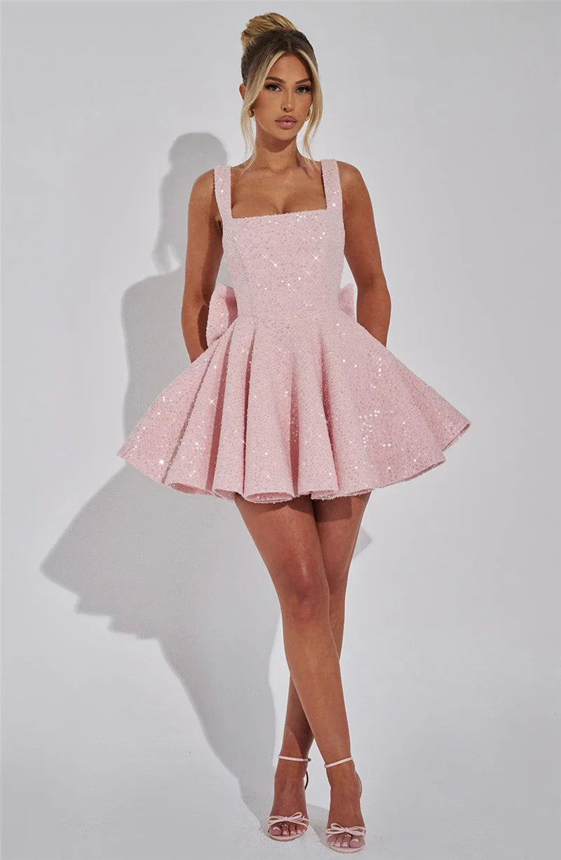 Mozision Pailletten-Kleid mit Schleife am Rücken, rückenfrei, sexy Mini-Kleid für Damen, modisches Etuikleid mit eckigem Ausschnitt, ärmellos, hohe Taille, A-Linie, Clubkleid