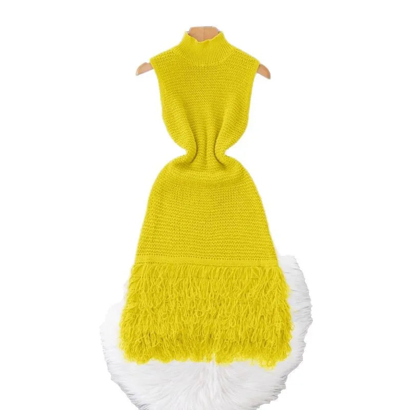 Women's Solid Color Sleeveless Round Neck Slim Fitting Fringe Fur Dress for Summer 2025