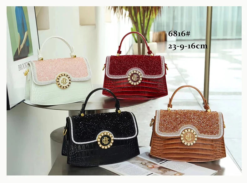 Fashion Diamonds Women Handbags 2023 Red Genuine Leather Lady Shoulder Messenger Bag Crocodile Pattern Portable Shell Tote Bags