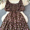 2024 Neues Sommer Blumenmuster Maxikleid Damen Vintage Eckiger Ausschnitt Geraffte Brust Schärpe Bandage Sommerkleid Partykleid