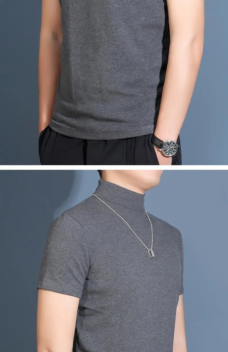 Men's Modal High Neck Short Sleeve T-Shirt Bottoming Shirt Silk Model Golf Wear Luxury Clothing Men's T-Shirt Bottoming Shirt
