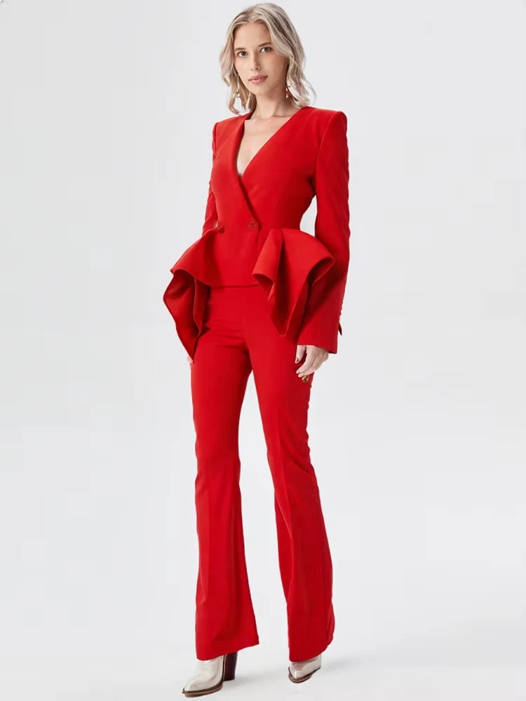 Pantsuit Suits Blazer Women Red Orange New Design Flare Pants Set Two Piece Sets Festival Office Business Female Suit Outfits