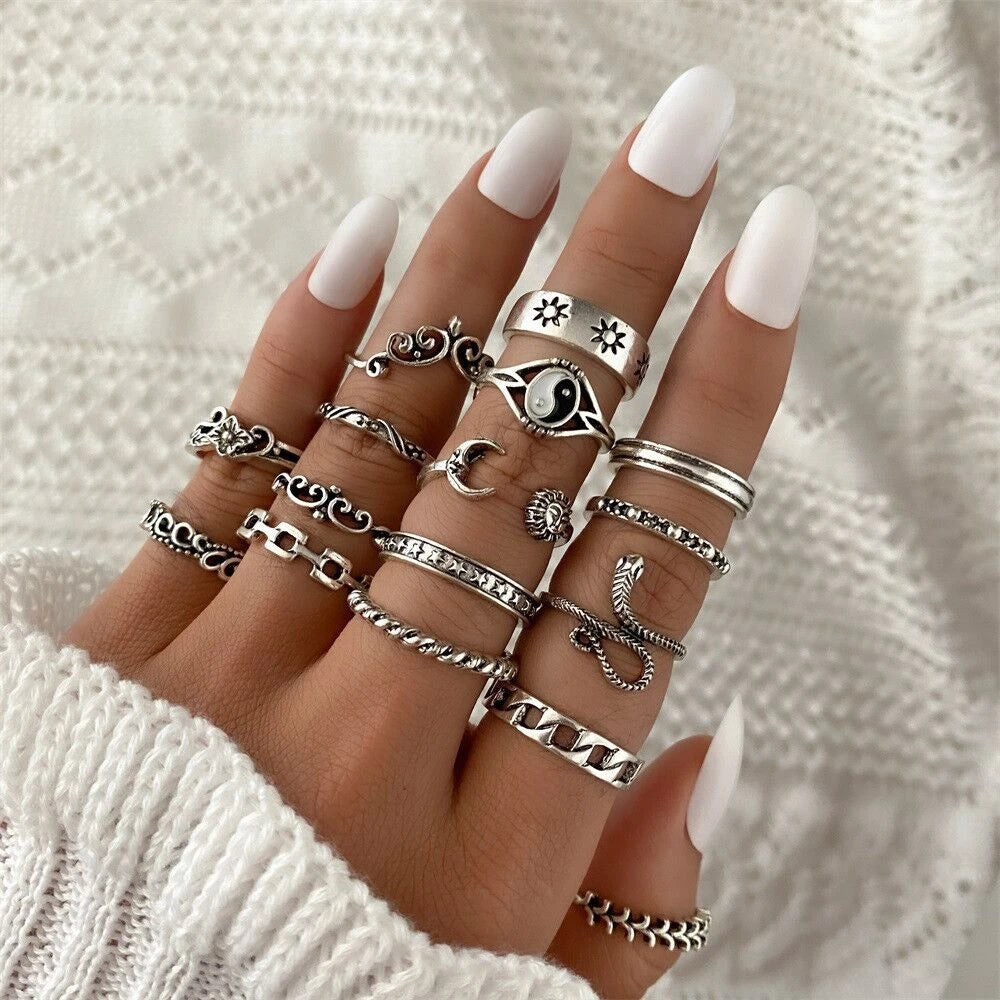 50pc/Lot Jewelry Factory In Stock Finger Rings Women Gold Antique Silver Plate Enamel Opal Crystal Snake Jewelry Party Bar Girl