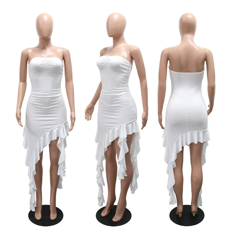 CM.YAYA Women Strapless Sleeveless Ruched Stacked Mini Dress 2025 Summer Beach Vacation Party Birthday Street Sexy Dresses