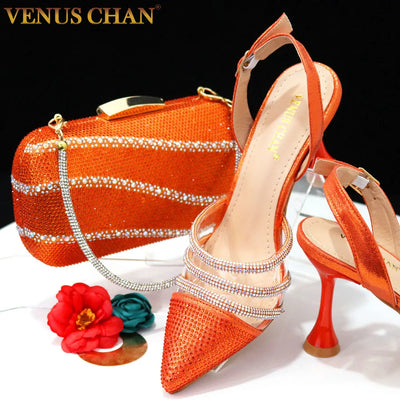 Venus Chan 2023 Neueste INS-Stil orangefarbene elegante High Heels Nigeria Beliebtes Design Afrikanische Damen Schuhe und Taschen Set