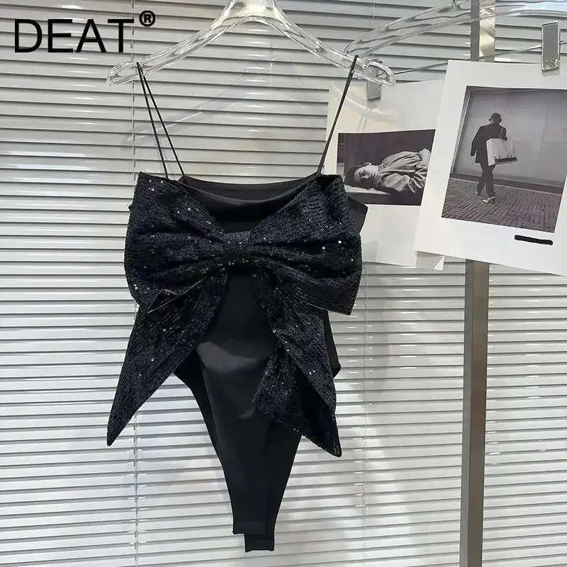 DEAT Sequin Big Bow Jumpsuit Suspender Vest For Women 2024 Summer New Fashion Celebrity Solid Color Camisole Female 11XX9197