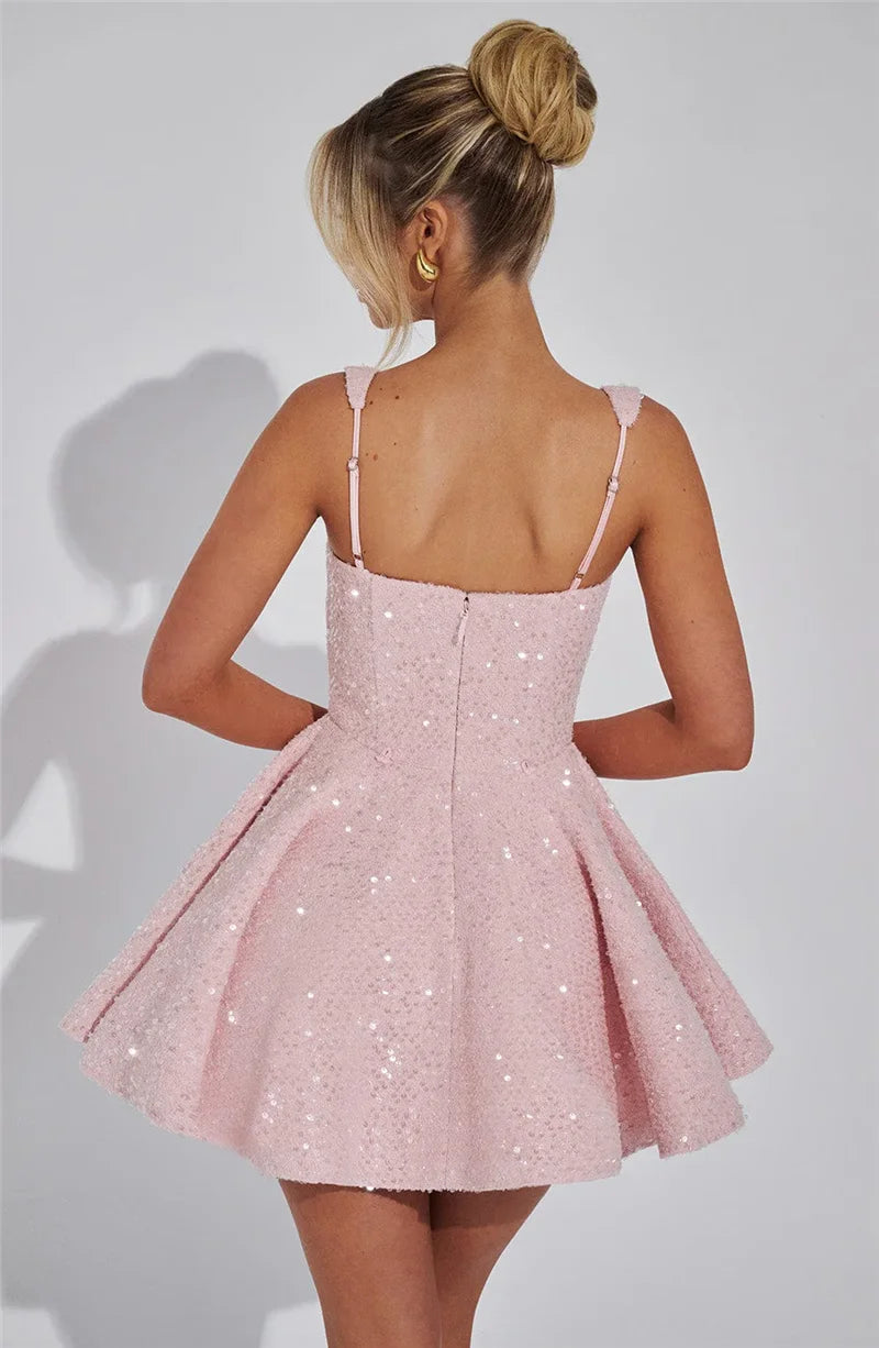 Mozision Pailletten-Kleid mit Schleife am Rücken, rückenfrei, sexy Mini-Kleid für Damen, modisches Etuikleid mit eckigem Ausschnitt, ärmellos, hohe Taille, A-Linie, Clubkleid