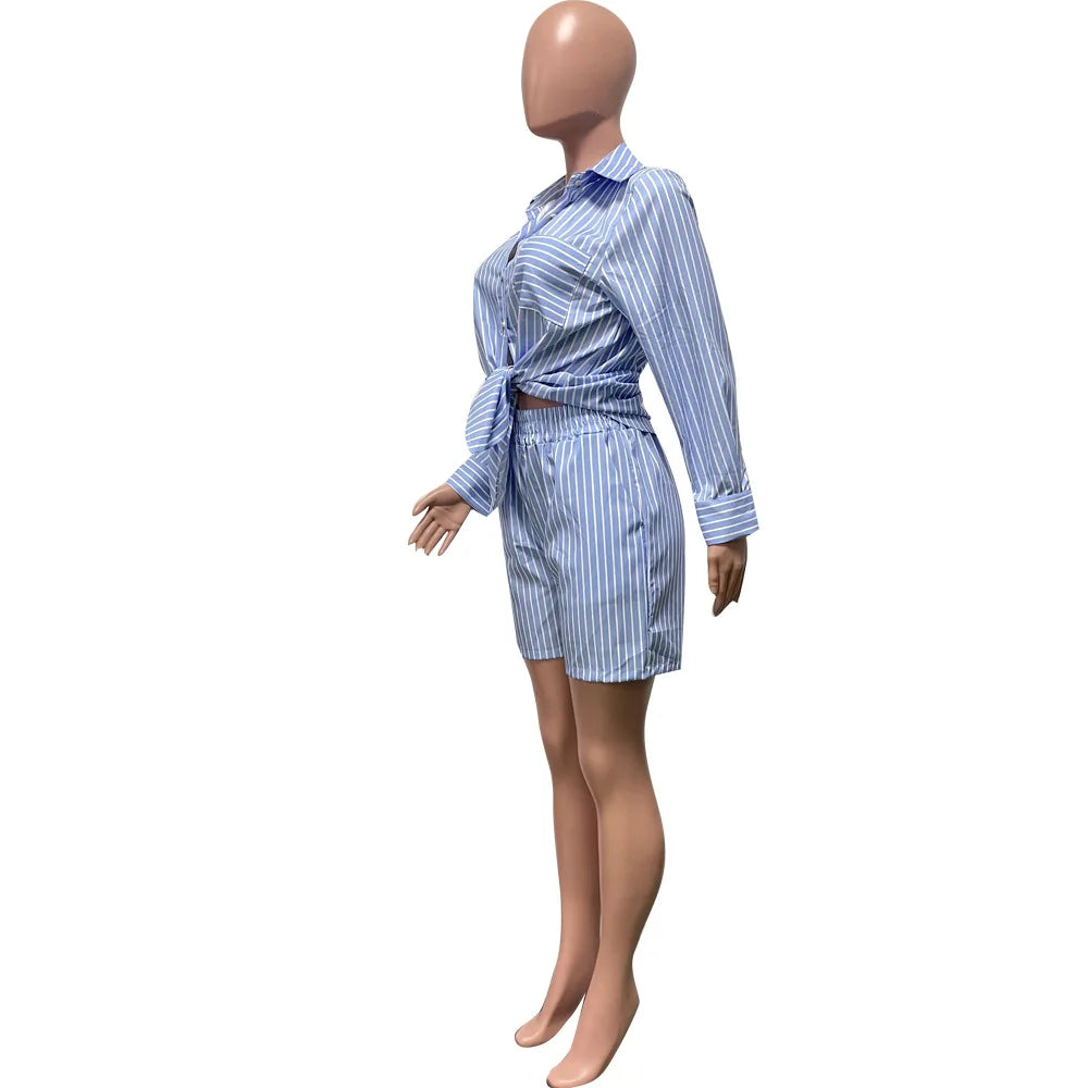 Two Piece Short Sets Women Striped Single Breasted Cardigan Blouses Shorts Elastic Waist Shirt Suit Casual Outwear Summer