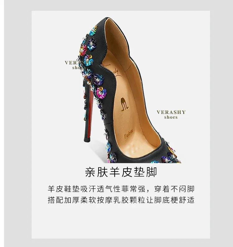 2025 Spring New High Heels Women's Embroidered Beaded Black Sexy Queen's Heel 10-12cm Pointed