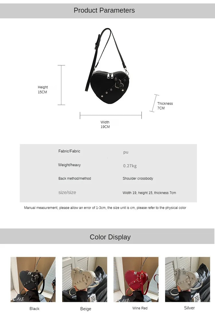 Vintage Y2K Kleine Kettennieten-Umhängetasche Herzförmige Geldbörse Handtasche Rotes PU-Leder Gothic Tote Bag Mode Frauen Umhängetasche