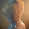 Sparkly Rhinestone V Neck Stretch Mesh Sexy See Through Dress Women 2024 Designer Party Celebrate Performance Costume Stage Wear