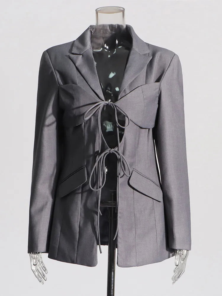 TWOTWINSTYLE Patchwork Lace Up Hohl-Blazer für Damen mit gekerbtem Kragen, langen Ärmeln, Tunika, Designer-Blazer, weibliche Mode Neu