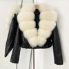 OFTBUY Natural Fox Fur Faux Leather Jacket Female New Autumn Short Top Clothing Women Long Sleeve Fake Leather Real Fur Coat