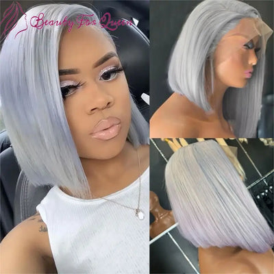 Gerade kurze Bob-Perücken, silbergrau gefärbt, für Frauen, klebefreie brasilianische Remy Lace Front Perücke, 180% Dichte, Echthaar