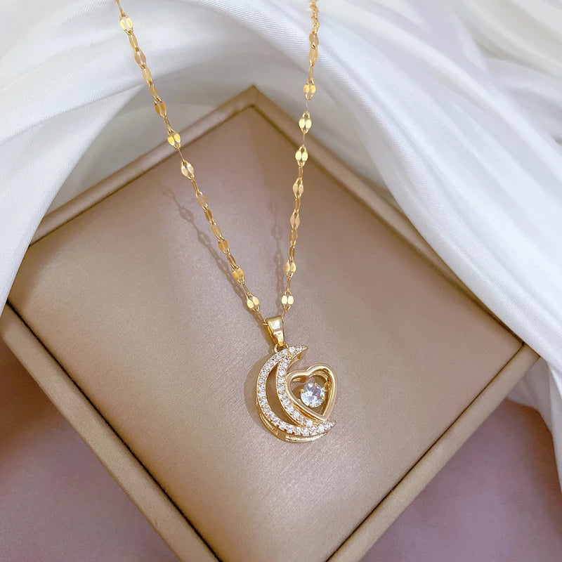 Stainless Steel Zircon Planet Star Pendant Necklace For Women Elegant Aesthetic Clavicle Chain Necklace Jewelry Party Gift