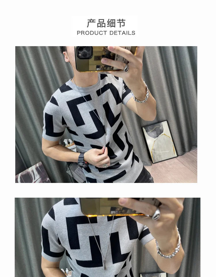 Luxury Men Autumn Knitted Tshirt 2024 Korean O-neck Short Sleeve Top Tees Streetwear Male Social Club Slim Fit Casual T-Shirt
