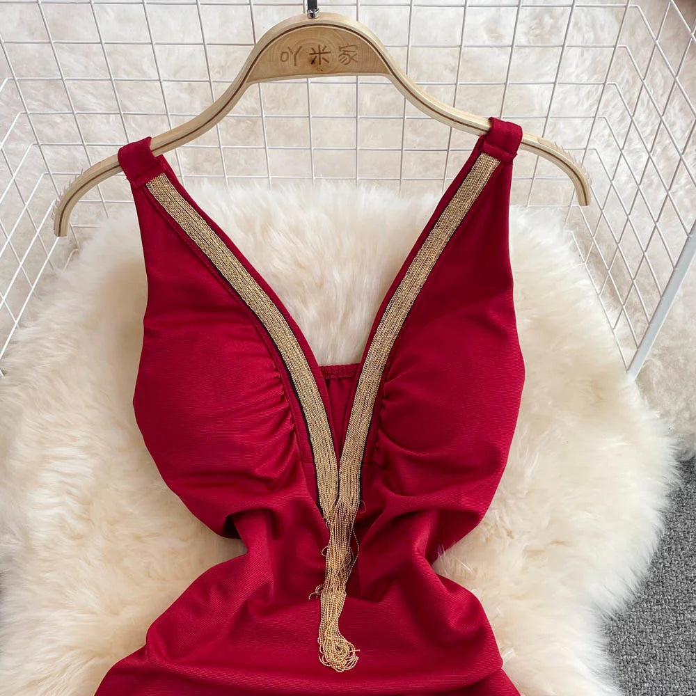 Fashion Bodycon Sexy V-neck Low Cut Mini Short Work Dress Women Backless Irregular Sleeveless Short Hip Wrap Vest Dress OL Red