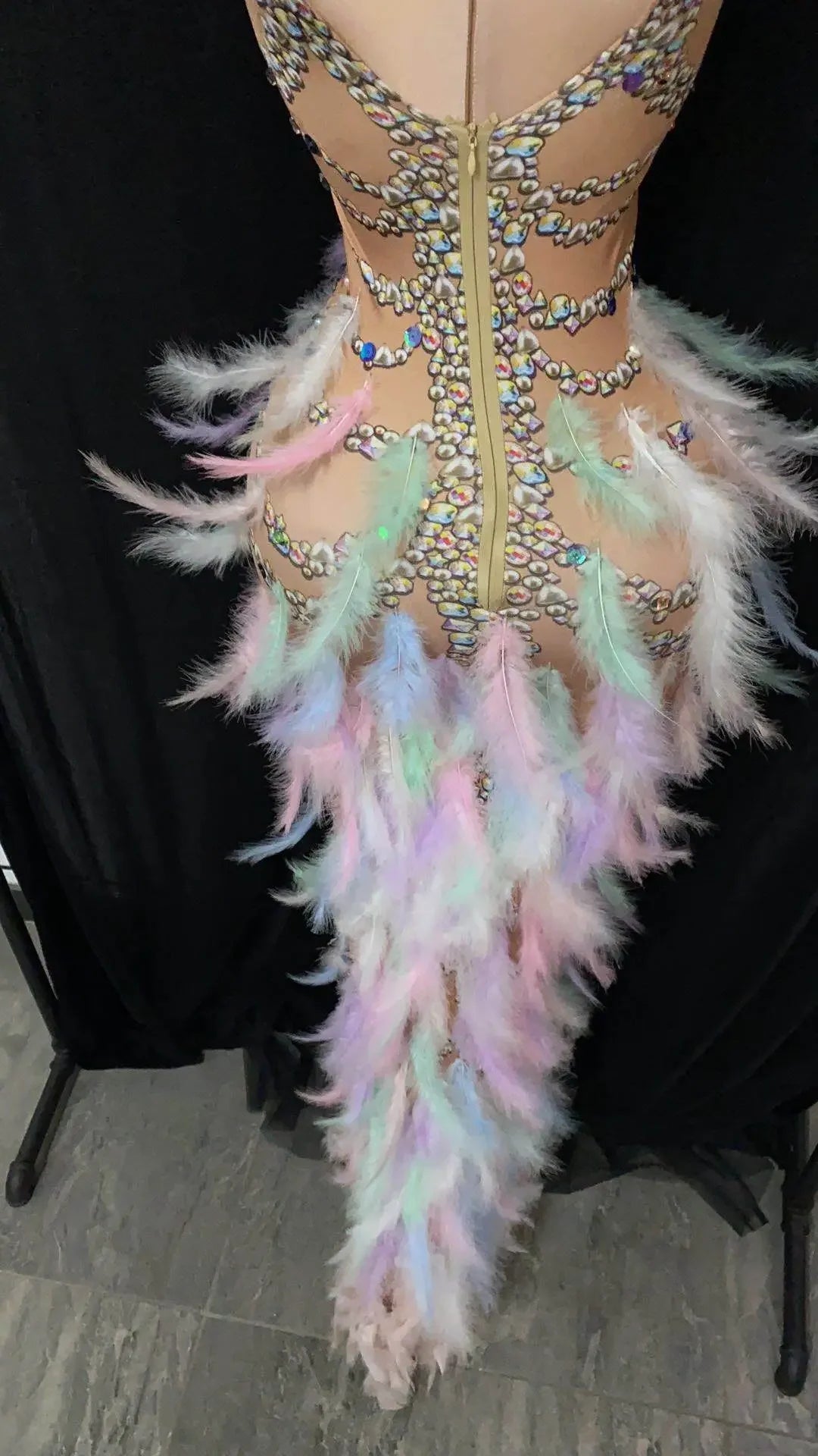 Nightclub Party Celebration Sexy Feather Rhinestone Dress Women Elastic Sleeveless Prom High Slit Dress Stage Performance Outfit
