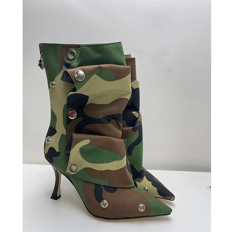 2025 Klassische Damenstiefel mit spitzer Zehe, ausgefallenen Absätzen, Nietenknopf und seitlichem Reißverschluss, einfarbig, hochhackige Schuhe, Botas Altas