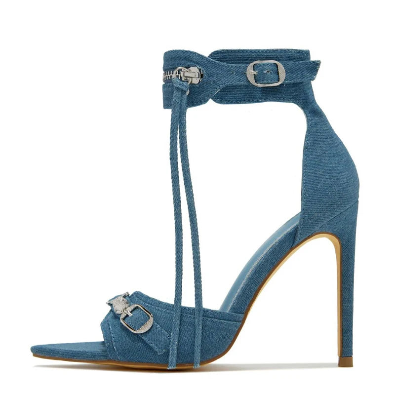 Liyke Summer Fashion Zip Tassel Women Sandals Metal Rivet Buckle Pointed Open Toe Stripper Heels Wedding Banquet Shoes Stiletto