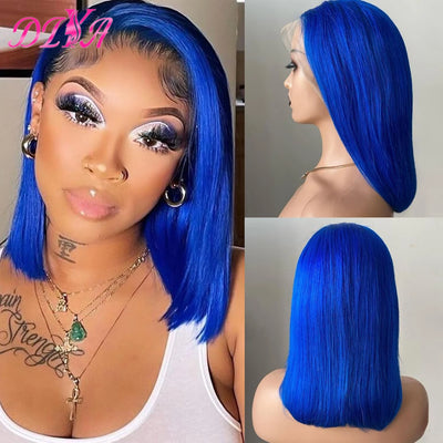 Blaue Bob-Perücken Echthaar 13x4 HD Lace Frontal Wig Echthaar vorgezupft 180% Dichte Glatte Kurze Blaue Bob-Perücken für Frauen