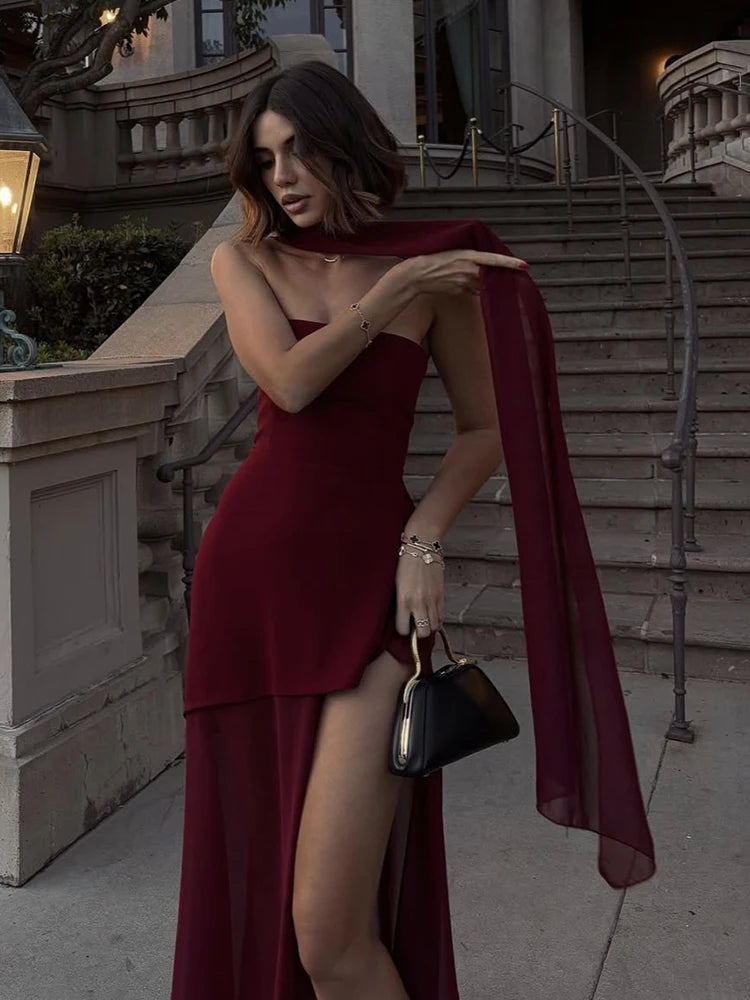 TARUXY Mode Trägerloses Kleid mit Band Frauen Elegantes Ärmelloses Mesh Strand Urlaub Langes Kleid Frühling 2025 Neues Damenkleid