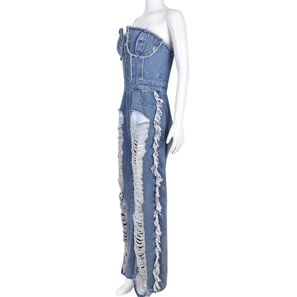 Sibybo Quaste Hollow Out Overalls für Damen Nieten Strass Trägerlos Rückenfrei Jeans Street Fashion Trend Jumpsuit Femme