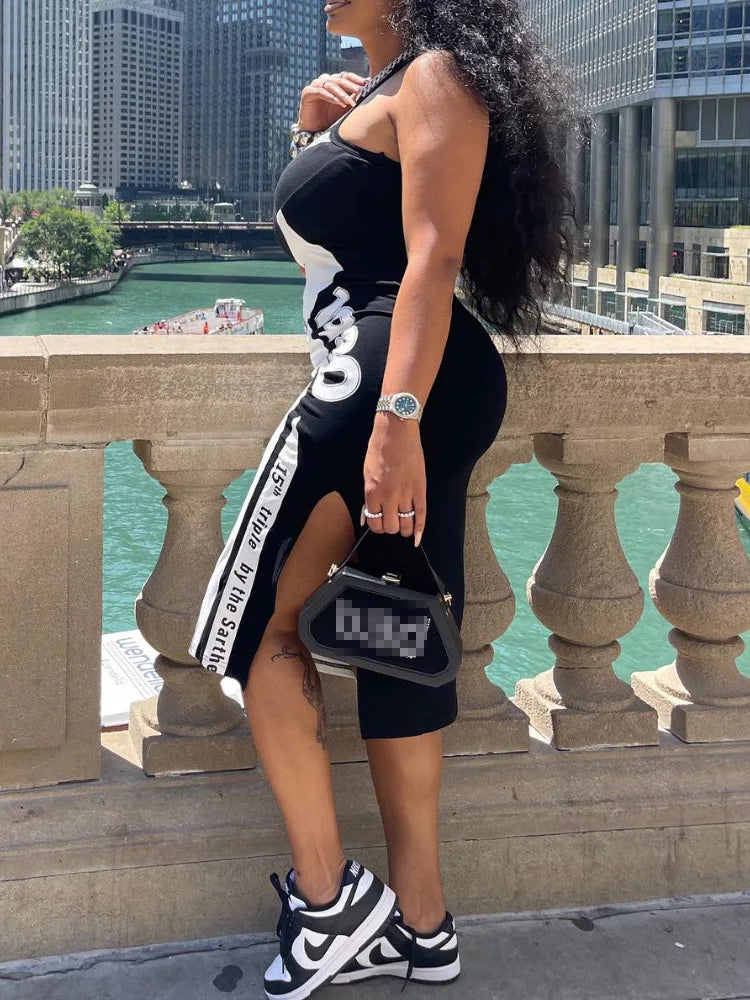 STYLISH LADY Letter Printed Hip Hop Dress 2025 Summer Women Sleeveless O Neck Bodycon Sexy Club Midi Split Vestidos De Festa