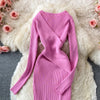 YuooMuoo Autumn Winter 2025 Women Dress Elegant Cross V-neck Slim Waist Knitted Bodycon Dress Korean Office Lady Vestidos