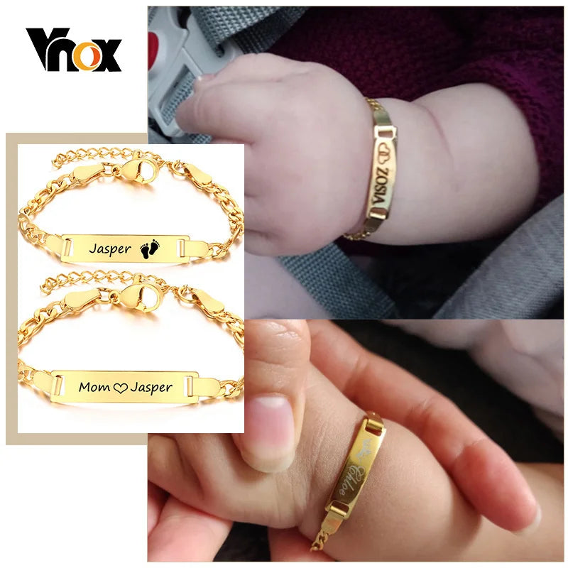 Vnox Personalize Mom Daughter Son Name Bracelets Non Allergy Stainless Steel Baptism Custom Love Baby Gifts Adjustable Jewelry