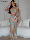Beyprern Tropical Goddess Floralrock-Set, zweiteiliges Kleid, Urlaubsoutfits, bedrucktes BH-Crop-Top und passendes Set für Damen im Sommer