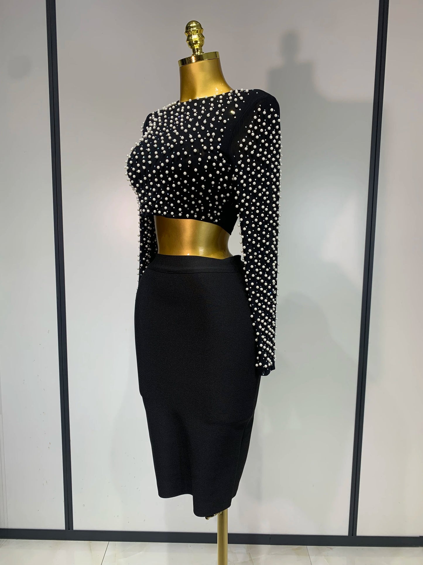Damen Sexy Langarm Mesh Perlen Top Celebrity Midi Damen Bandage Set 2025 Designer Abendparty Luxus Geburtstag Zweiteiler Set