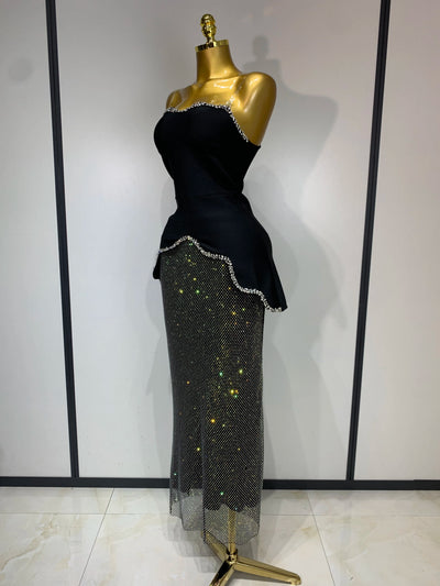 Hochwertiges schwarzes Design ärmelloses Strass-Top + Hot Diamond Rock Anzug Abendpartykleid Nachtclub Luxus Geburtstagskleid