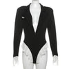 Joskaa Damen Spitze Patchwork Schwarzer Blazer Bodysuit Sexy Tiefer V-Ausschnitt Langarm Einteiler Romper Coquette Midnight Clubwear