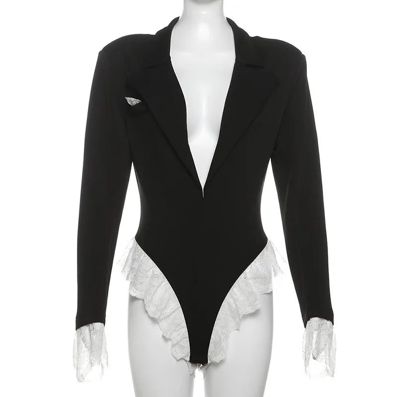 Joskaa Damen Spitze Patchwork Schwarzer Blazer Bodysuit Sexy Tiefer V-Ausschnitt Langarm Einteiler Romper Coquette Midnight Clubwear