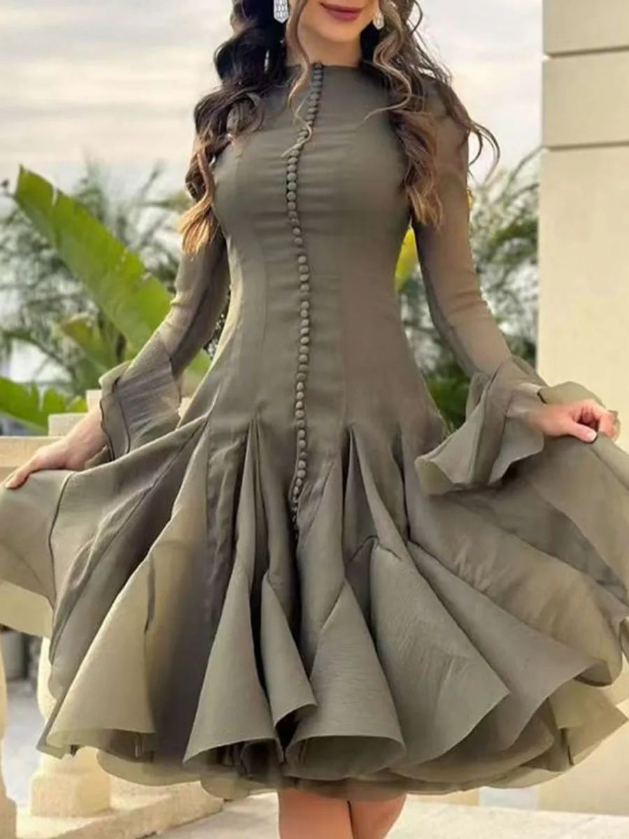 TWOTWINSTYLE Damenkleid Unregelmäßig Gefaltet Patchwork Mode Lang Laternenärmel Tailliertes Minikleid 2024 Neue Kleidung