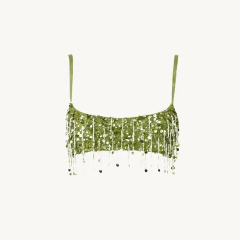 Sexy Sequins Tassel Skirt Sets Women Sling Crop Tops Hip Package A-line Short Skirts 2025 Summer Chic Beach Party Outfits Lady