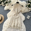 Chic Elastic Knit tassel O Neck Women Elegant Korean Fashion Vestidos Summer A-line Wrap mini dress
