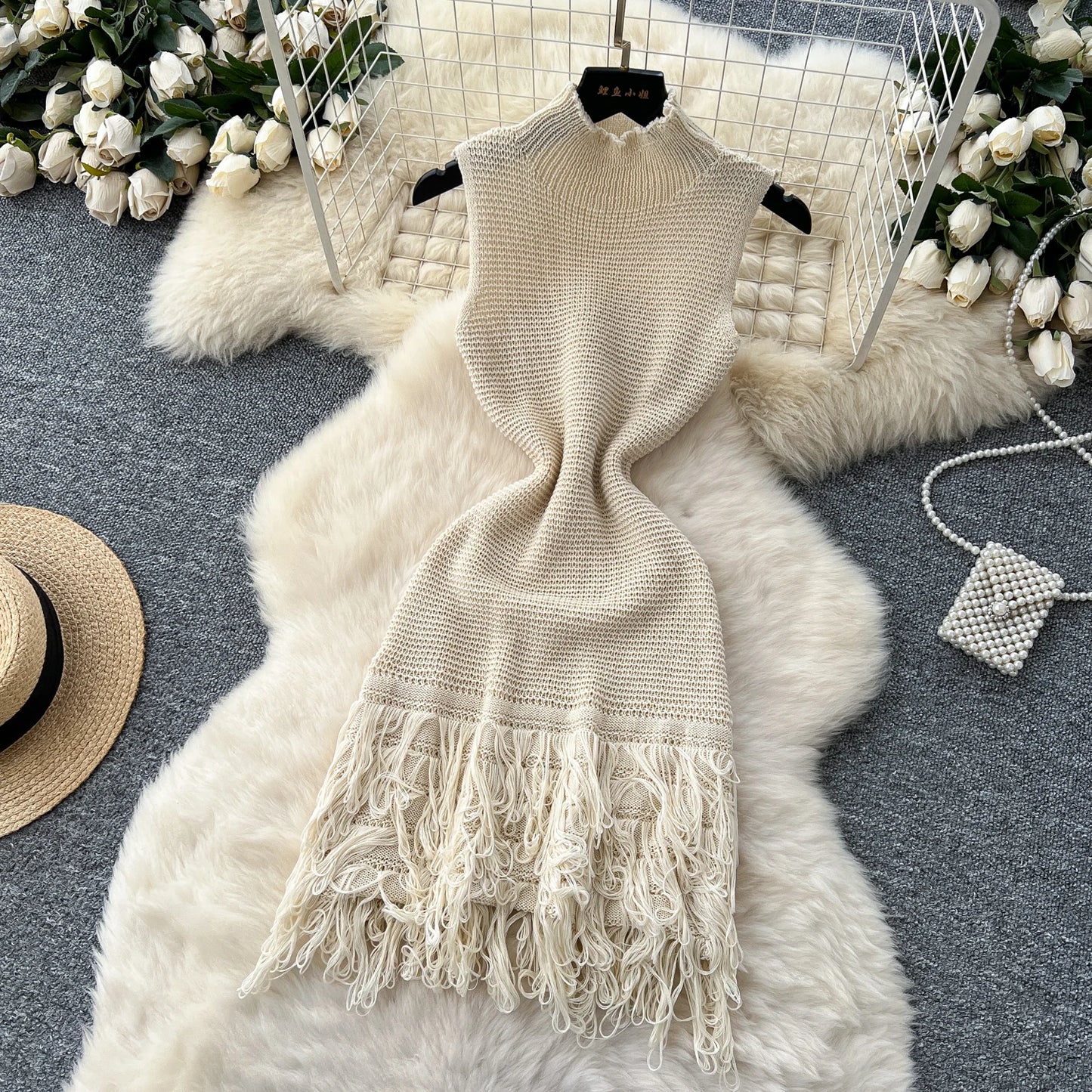 Chic Elastic Knit tassel O Neck Women Elegant Korean Fashion Vestidos Summer A-line Wrap mini dress