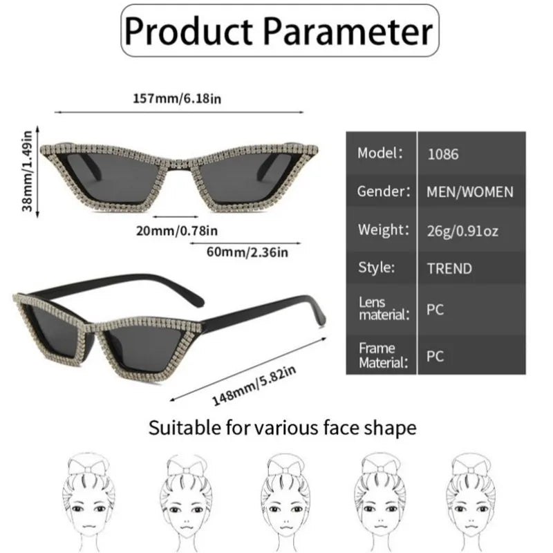 KLASSNUM Luxuriöse Cat-Eye-Sonnenbrille für Damen und Herren, modische Diamant-Dreieck-Marken-Designer-Glitzer-Sonnenbrille UV400 Shades Brille