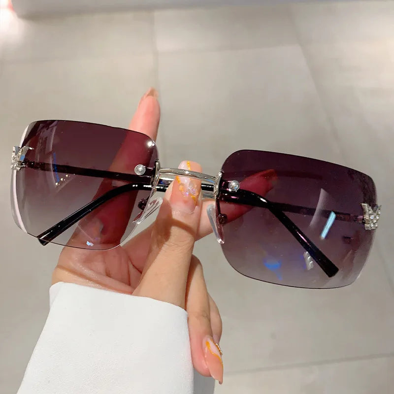 Y2K Luxusmarken Designer Randlose Quadratische Sonnenbrille Damen Für Weibliche Trendige Sonnenbrille Diamant Schmetterling Rosa Punk Shades UV400