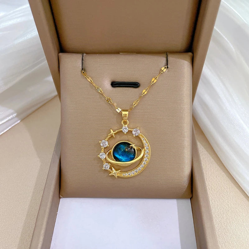 Stainless Steel Zircon Planet Star Pendant Necklace For Women Elegant Aesthetic Clavicle Chain Necklace Jewelry Party Gift